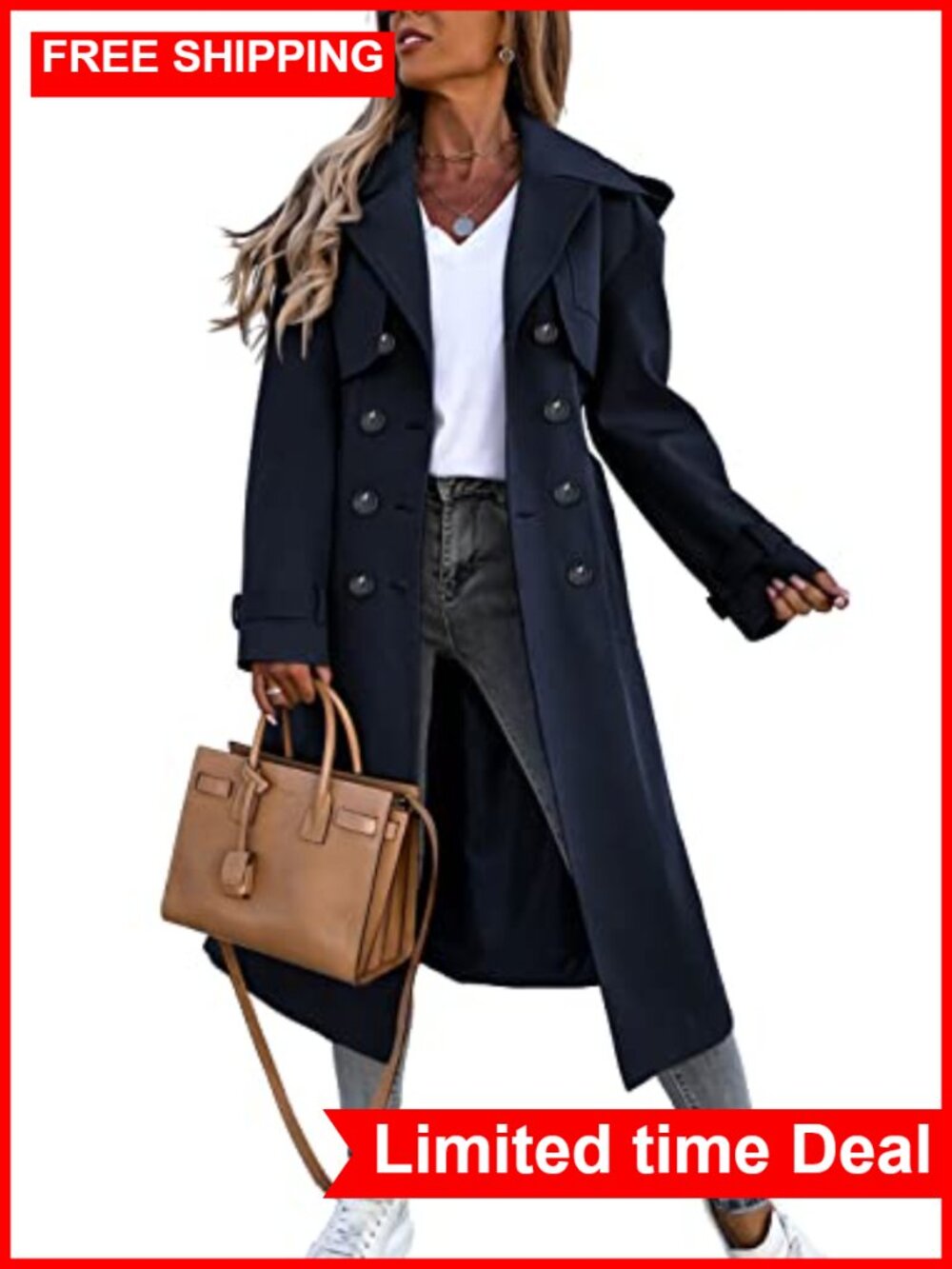 Fisoew Women's Long Trench Coat Double Breasted Windproof Classic Overcoat